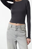 Kadın Moda Şık Üst Giyim Crop Bisiklet Yaka Slim Kalıp Örme Viskon Esnek Bluz