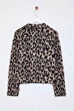 Kadın Moda Şık Polo Yaka Standart Kol Regular Leopar Desenli Triko Hırka