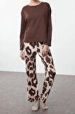 Kadın Moda Şık Bisiklet Yaka Geniş Paça Uzun Kol %100 Pamuklu Leopar Desenli Örme Pijama Takımı