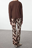 Kadın Moda Şık Bisiklet Yaka Geniş Paça Uzun Kol %100 Pamuklu Leopar Desenli Örme Pijama Takımı