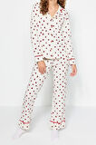 Kadın Moda Gömlek Yaka Boru Paça Uzun Kol %100 Pamuk Kalp Desenli Gömlek-Pantolon Örme Pijama Takımı