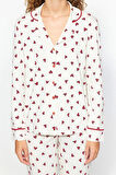 Kadın Moda Gömlek Yaka Boru Paça Uzun Kol %100 Pamuk Kalp Desenli Gömlek-Pantolon Örme Pijama Takımı