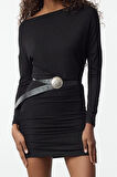 Kadın Moda Şık Mini Boy Asimetrik Yaka Slim Bodycone Vücuda Oturan Örme Elbise