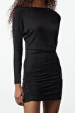 Kadın Moda Şık Mini Boy Asimetrik Yaka Slim Bodycone Vücuda Oturan Örme Elbise