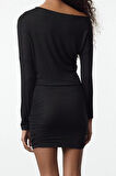 Kadın Moda Şık Mini Boy Asimetrik Yaka Slim Bodycone Vücuda Oturan Örme Elbise