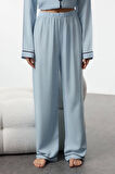 Kadın Moda Şık Gömlek Yaka Boru Paça Uzun Kol Kalpli Biyeli Viskon Dokuma Pijama Takımı