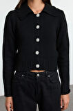 Kadın Moda Şık Polo Yaka Standart Kol Crop Yumuşak Dokulu Mücevher Düğmeli Triko Hırka