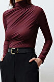 Kadın Moda Şık Üst Giyim Crop Dik Yaka Slim Kalıp Örme Büzgülü Kare Yaka Vücuda Oturan Esnek Bluz