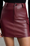 Kadın Moda Stil Mini Astarsız Örme Suni Deri Kargo Cepli Yüksek Bel Vücuda Oturan Mini Örme Etek