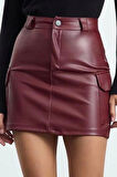 Kadın Moda Stil Mini Astarsız Örme Suni Deri Kargo Cepli Yüksek Bel Vücuda Oturan Mini Örme Etek