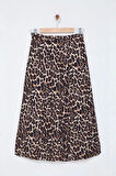Kadın Moda Stil Regular Astarsız Dokuma Leopar Balon Detaylı Animal Desenli Maxi Boy Dokuma Etek