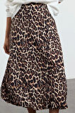 Kadın Moda Stil Regular Astarsız Dokuma Leopar Balon Detaylı Animal Desenli Maxi Boy Dokuma Etek