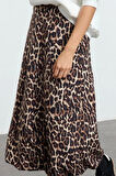 Kadın Moda Stil Regular Astarsız Dokuma Leopar Balon Detaylı Animal Desenli Maxi Boy Dokuma Etek