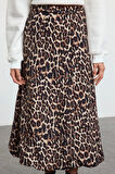 Kadın Moda Stil Regular Astarsız Dokuma Leopar Balon Detaylı Animal Desenli Maxi Boy Dokuma Etek
