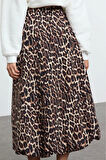 Kadın Moda Stil Regular Astarsız Dokuma Leopar Balon Detaylı Animal Desenli Maxi Boy Dokuma Etek