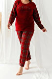 Kadın Moda Şık Büyük Beden Bisiklet Yaka Boru Paça Uzun Kol Christmas Desenli Örme Pijama Takımı