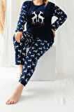 Kadın Moda Şık Büyük Beden Bisiklet Yaka Boru Paça Uzun Kol Christmas Desenli Örme Pijama Takımı