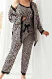Kadın Büyük Beden Boru Paça Askılı Kol Leopar Desenli 3lü Paket Dantelli Örme Pijama Takımı