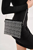Şık Damla Taş Detaylı Clutch El ve Omuz Çantası Zincir Askılı Dayanıklı Malzeme Seçkin Malzeme