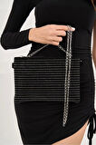 Şık Damla Taş Detaylı Clutch El ve Omuz Çantası Zincir Askılı Dayanıklı Malzeme Seçkin Malzeme