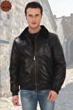 Erkek Hakiki Kuzu Derisi Derimont Siyah Kürklü Bomber Dericeket Kışlık Sıcak ve Şık
