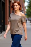Moda Büyük Beden Devrik Yaka Örme Regular Düz Desen Casual Günlük Crop Kısa Kol Bluz