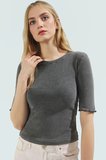 Pamuklu Polyester Elastan Karışımlı Fitted Bluz Bisiklet Yaka Kısa Kollu Yıkamalı