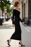 Kadın Şık Gece Davetleri İçin Carmen Yaka Bodycon Kesim Astarsız Örme Midi Elbise Tasarımı