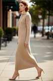 Kadınlara Özel Fashion Forward Gömlek Yaka Uzun Kollu Düz Selanik Triko Maxi Elbise Kış Konforu
