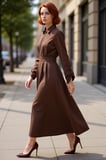 Kadın Casual Gabardin Dokuma Maxi Elbise Gömlek Yaka Uzun Kol A Line Rahat Kış Stili Kaliteli