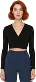 Kadın Moda Şık Üst Giyim Crop Kruvaze Yaka Slim Kalıp Örme Yaka Fitted Vücuda Oturan Esnek Bluz