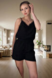 Yazlık Viskoz Pijama Takımı Dantelli Şortlu İnce Askılı Homewear Rahat Kullanım