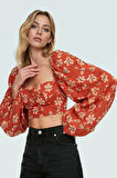 Plaj için İdeal Çok Çiçekli Shally Dokuma Crop Bluz Bisiklet Yaka Balon Kol