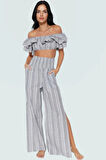 Çizgili Pamuklu Bluz Pantolon Takım Plaj ve Günlük Stil Konforlu Kesim Rahat Şık