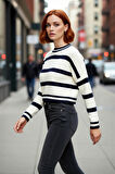 Kadın Uzun Kollu Bisiklet Yaka Çizgili Crop Triko Kazak Casual Tarz Gündelik Kombin Kaliteli