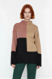 Kadın Casual Ortamlar İçin Dik Yaka Renk Bloklu Standart Kol Triko Kazak Kış Şıklığı Kaliteli