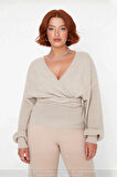 Kadın Regular Fit Selanik Dokuma Kruvaze Triko Kazak V Yaka Uzun Kol Bağlamalı Kışlık Günlük Şık