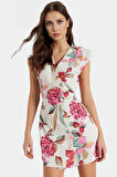 Viskoz Poliamid Karışım Mini Ceket Elbise Çiçek Desenli V Yaka Yazlık Trend Tasarım Kaliteli İşçilik