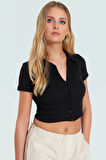 Pamuklu Polyester Örme Crop Bluz Polo Yaka Fitted Kısa Kollu Konforlu Kesim Trend Tasarım