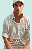 Erkek Regular Fit Pamuk Keten Karışımlı Çizgili Gömlek Yaka Günlük Stil Yaz Aylarının Vazgeçilmezi