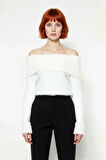 Kadın Basic Siluet Uzun Kollu Carmen Yaka Ekru Regular Kalıp Crop Triko Kazak Kış Gündüz Gece