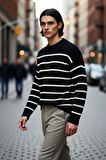 Casual Erkek Kalın Triko Dokulu Bisiklet Yaka Çizgili Oversize Selanik Kışlık Kazak Modeli