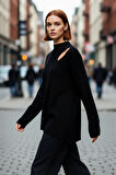 Kadın Basic Oversize Bisiklet Yaka Cut Out Triko Kazak Akrilik Fitilli Uzun Boy Kışlık Rahatlık