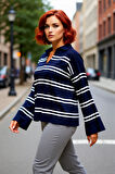 Kadın Triko Çizgili Polo Yaka Kazak Relaxed Kesimiyle Konforlu Ve Şık Bir Kış Kombini Yaratır