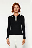 Kadın İnce Triko Polo Yaka Fitted Kazak Renk Bloklu Tasarımıyla Her Mevsim Şıklık Sunan Kaliteli