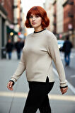 Kadın Basic Siluet İnce Akrilik Dokuma Fitilli Dik Yaka Triko Kazak Standart Uzun Kollu Model