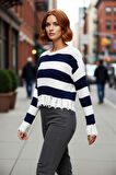 Kadın Modern Bisiklet Yaka Çizgili Akrilik Triko Crop Kazak Akıtma Detaylı Şık Kombinler Kaliteli