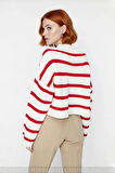 Kadın Crop Boy Akrilik Triko Kazak Bisiklet Yaka Geniş Kalıp Çizgili Soğuk Havalara Uygun Kaliteli