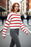 Kadın Crop Boy Akrilik Triko Kazak Bisiklet Yaka Geniş Kalıp Çizgili Soğuk Havalara Uygun Kaliteli