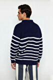 Erkek Polo Yaka Oversize Kalıp Triko Çizgili Kazak Lacivert Renk Kalın Selanik Dokuma Kışlık Giysi
